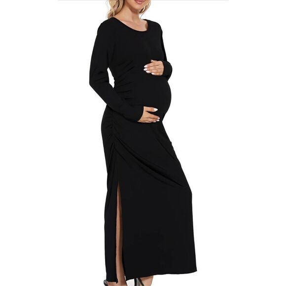 NEW Black Split Maternity Dress Long Sleeve Maxi Ruched S - Picture 3 of 6